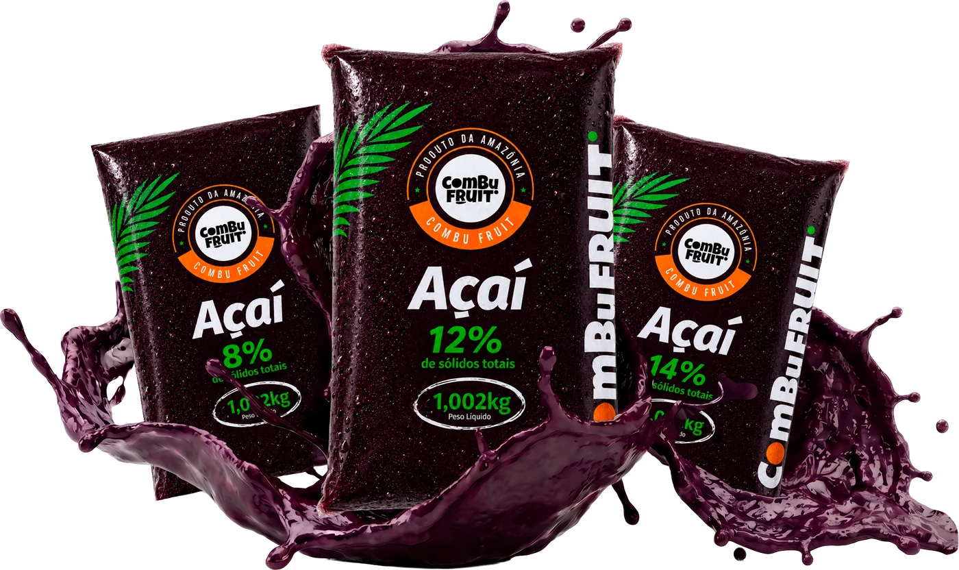 Embalagens de açaí Combu Fruit 8%, 12% e 14% com splash de polpa